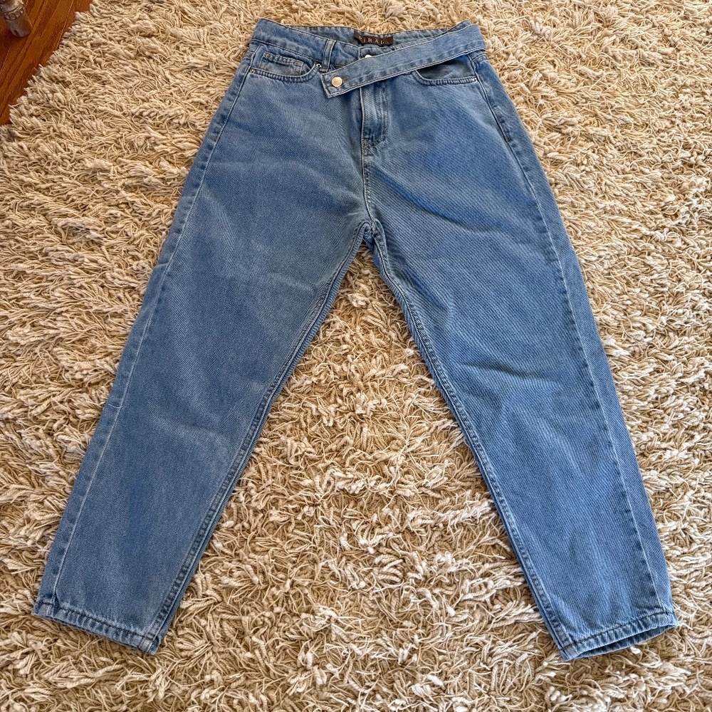 Piral Women's Blue High Waisted Cross Belt Straight Denim Jeans Size L